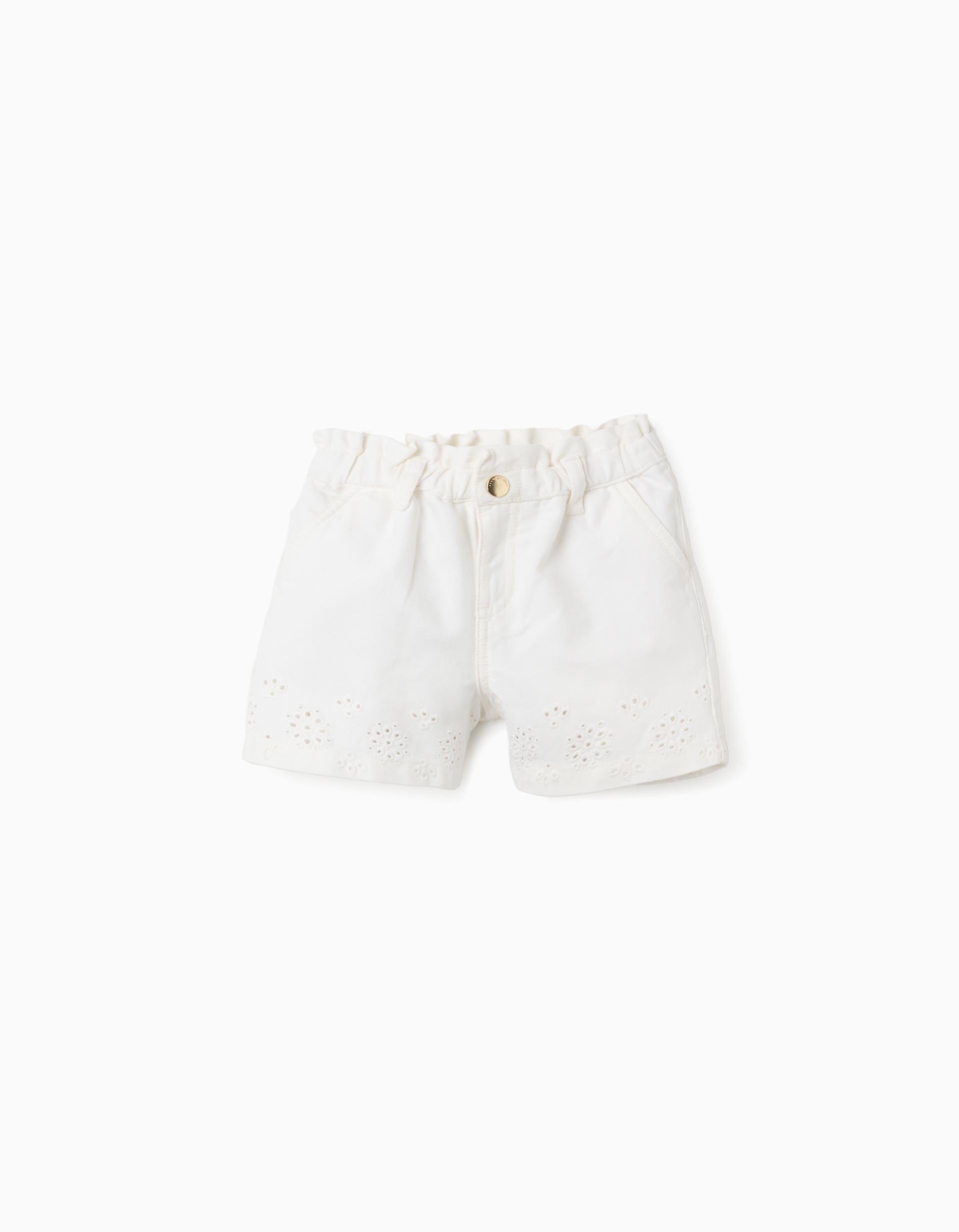 Shorts de sarga con bordado inglés para bebé niña, beige claro