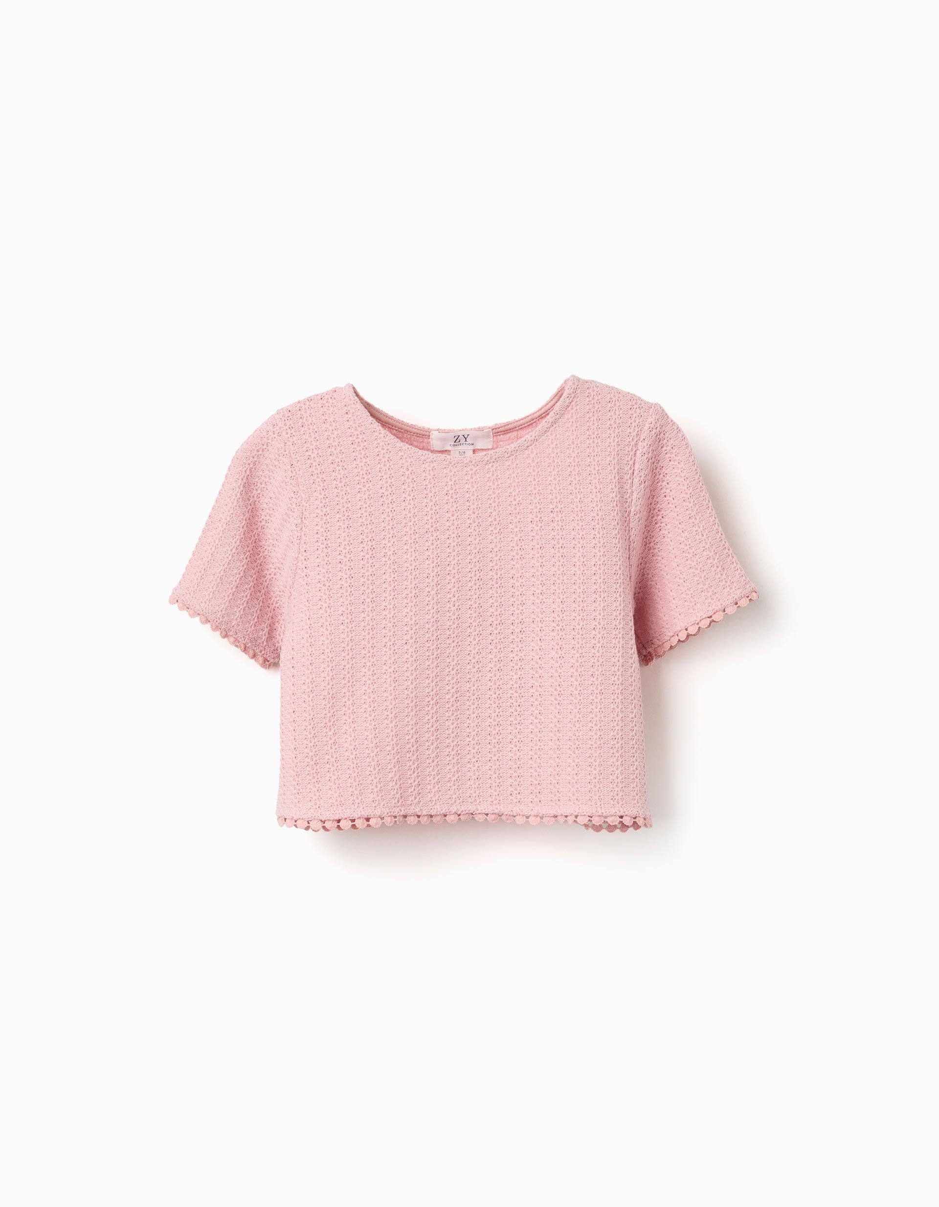 T-shirt en maille avec bordure au crochet pour fille, rose