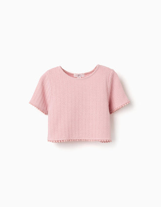 Knitted T-shirt with crochet lace trim for girls, pink