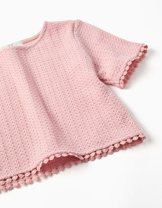 Knitted T-shirt with crochet lace trim for girls, pink
