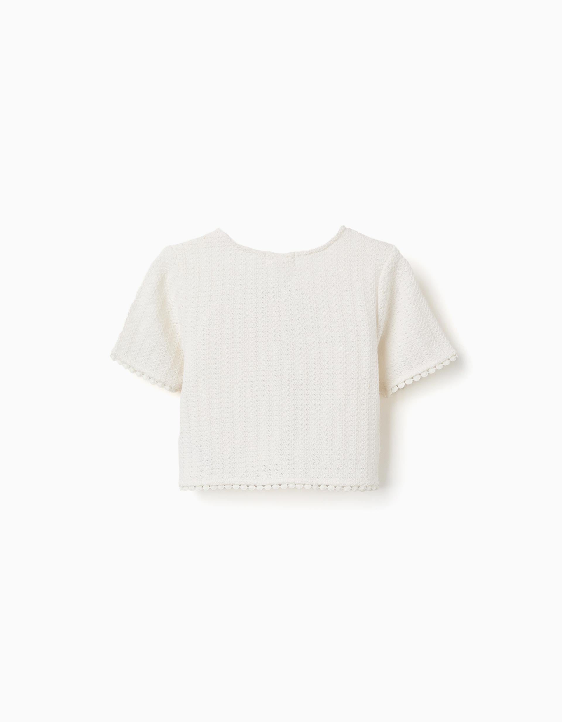 T-shirt en maille avec bordure au crochet pour fille, blanc