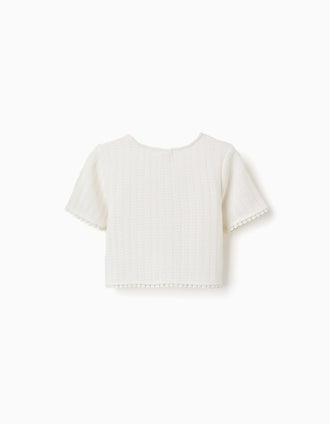 Knitted T-shirt with crochet lace trim for girls, white