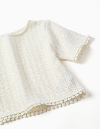 Knitted T-shirt with crochet lace trim for girls, white
