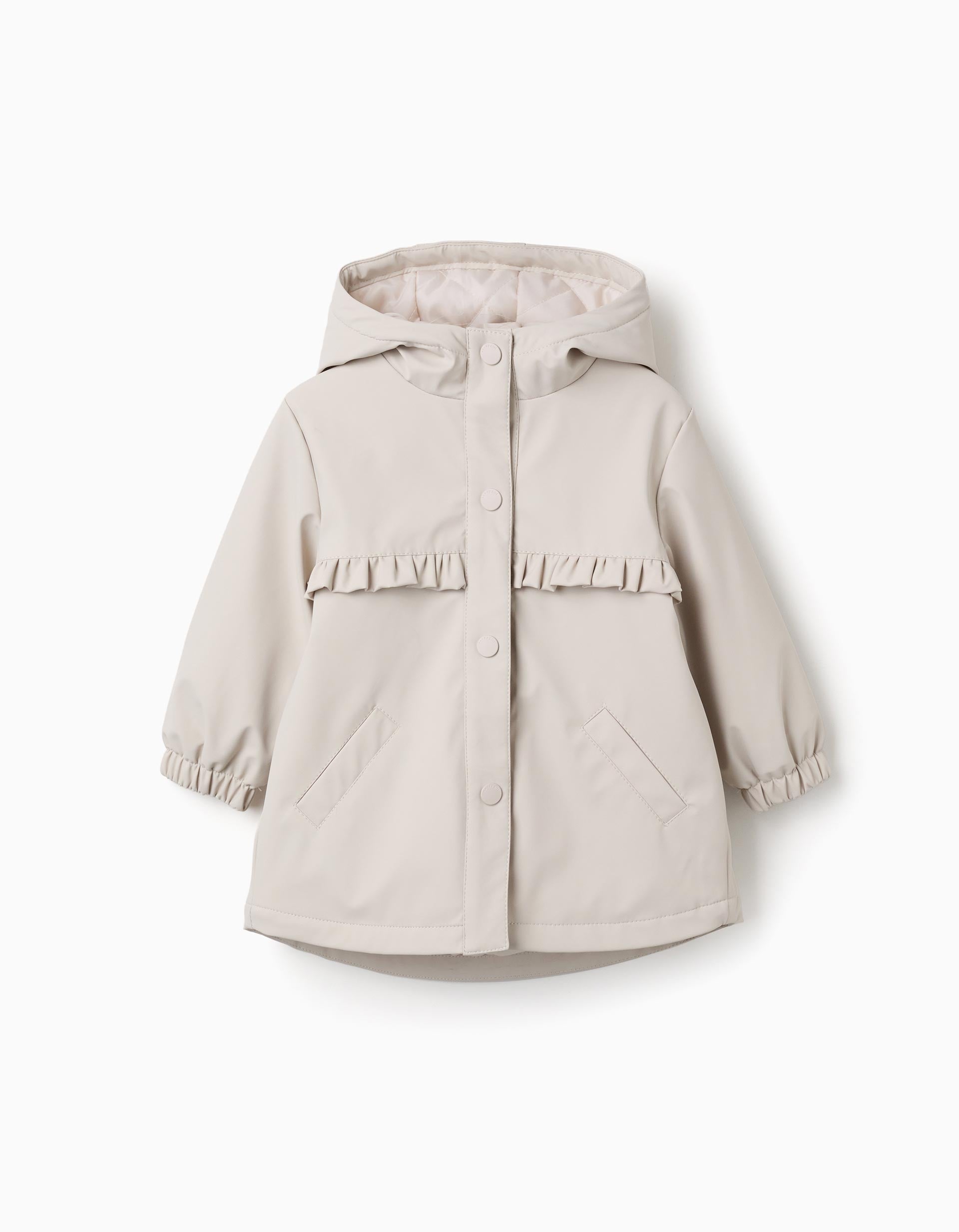 Hooded padded parka with ruffles for baby girls, light beige