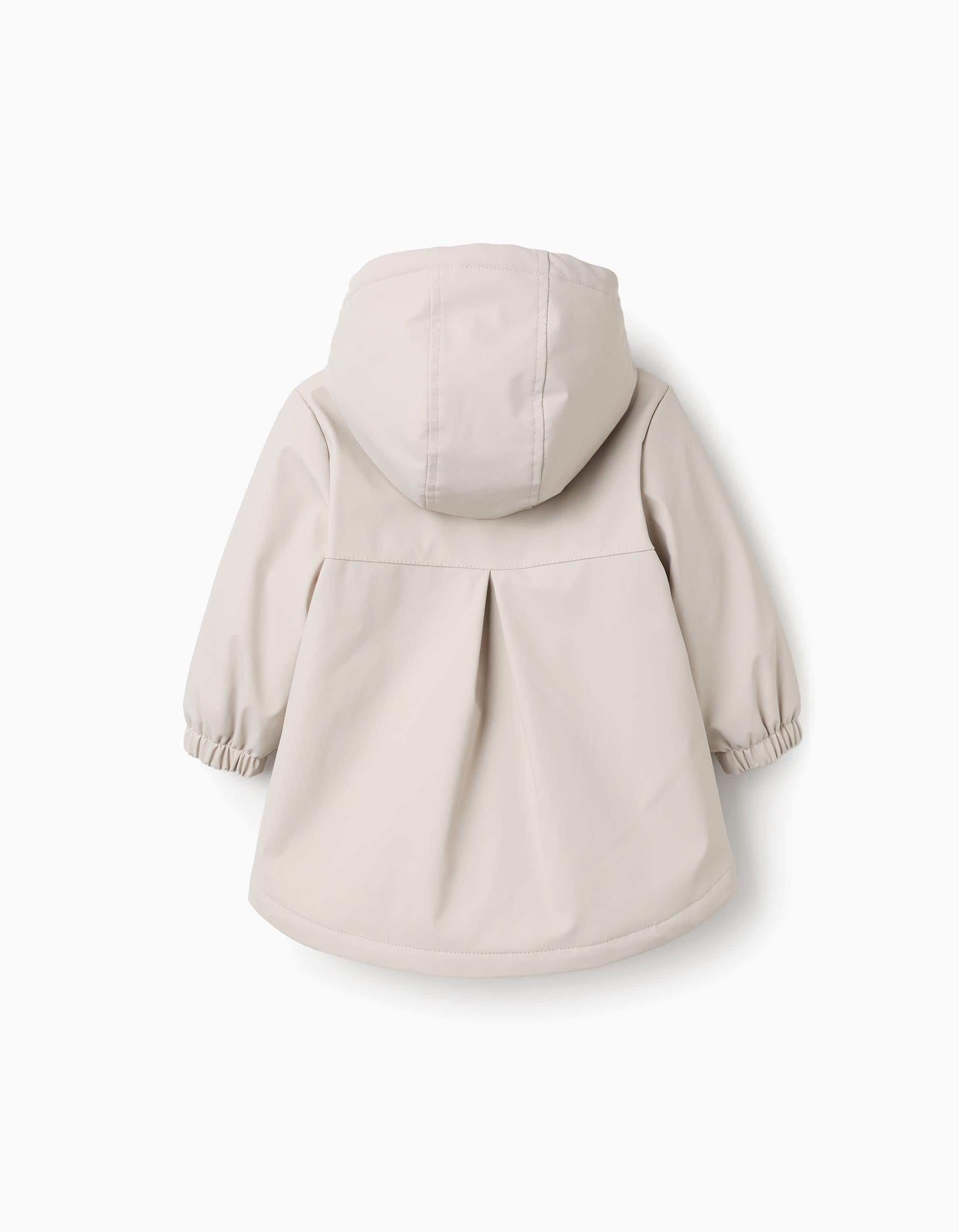 Hooded padded parka with ruffles for baby girls, light beige