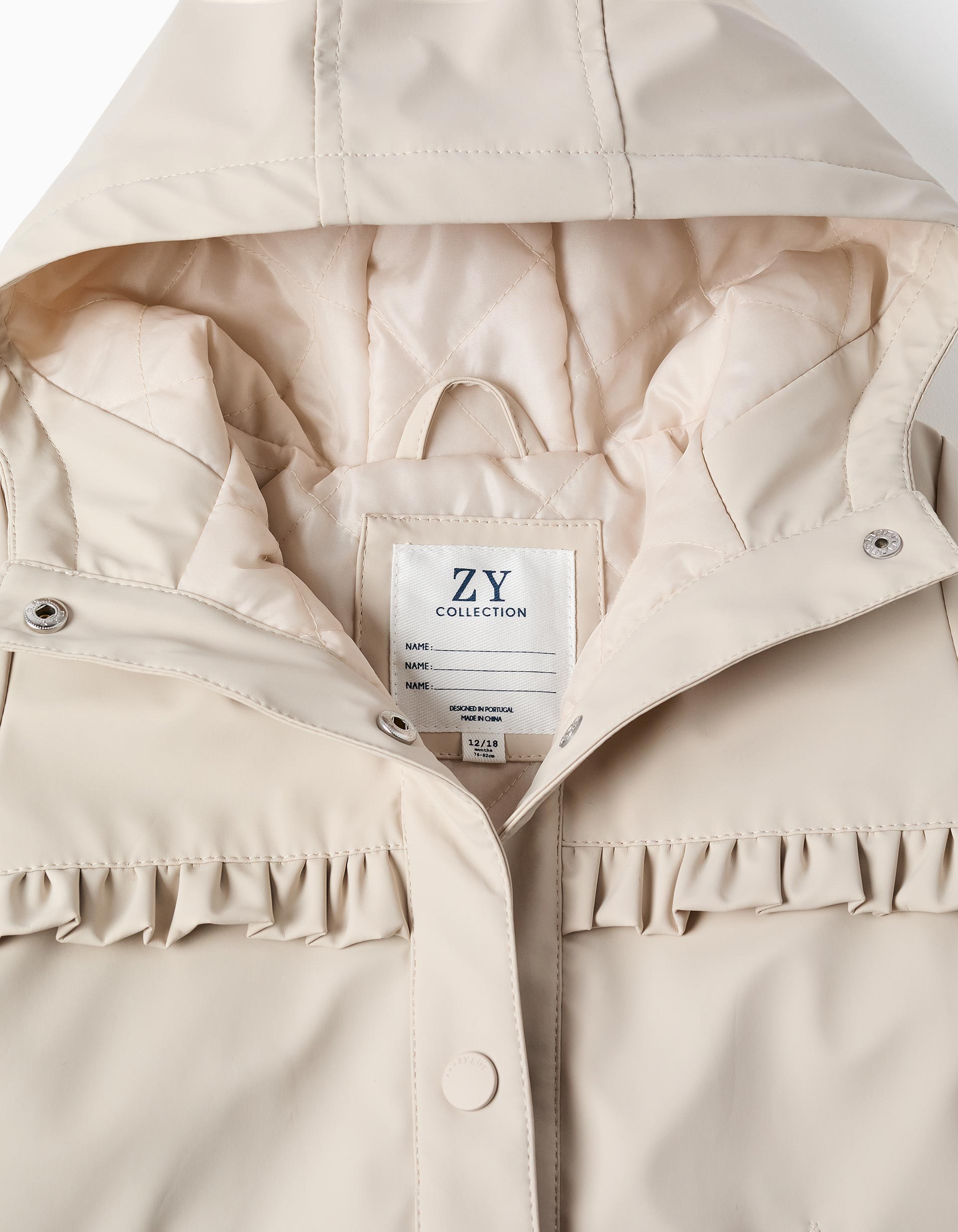 Hooded padded parka with ruffles for baby girls, light beige