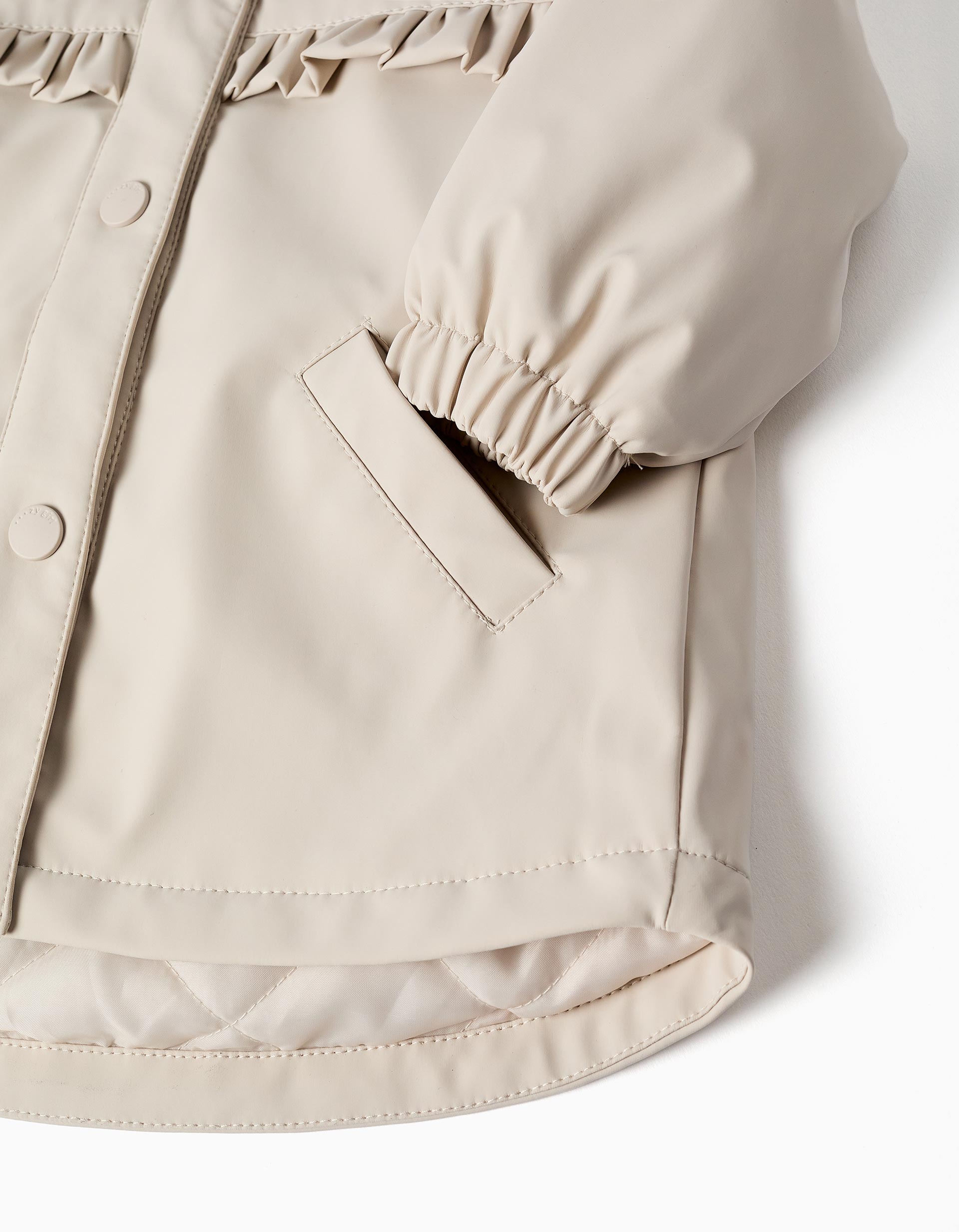 Hooded padded parka with ruffles for baby girls, light beige
