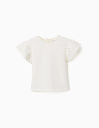 Camiseta de algodón con mangas en bordado inglés para bebé niña, blanco