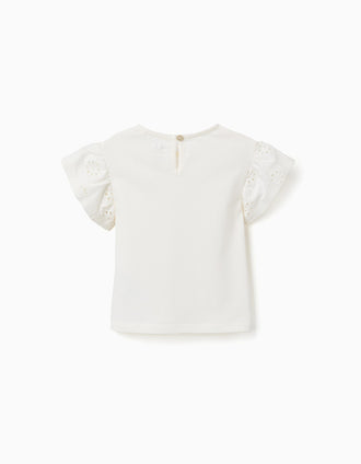 Camiseta de algodón con mangas en bordado inglés para bebé niña, blanco