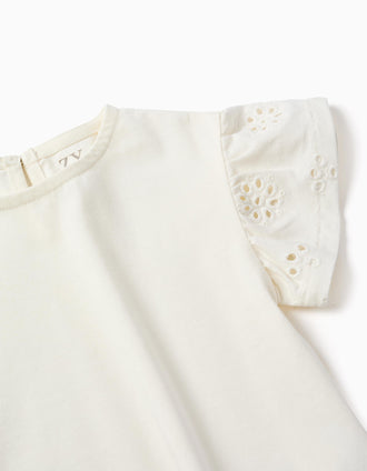 Camiseta de algodón con mangas en bordado inglés para bebé niña, blanco