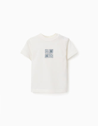 Cotton T-shirt with tile print for baby boys, white/blue