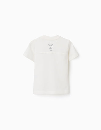 Cotton T-shirt with tile print for baby boys, white/blue