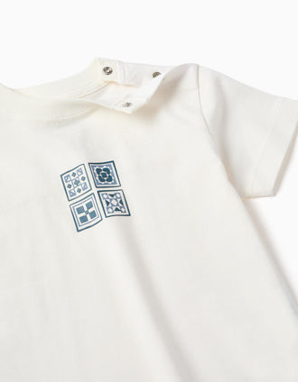 Cotton T-shirt with tile print for baby boys, white/blue