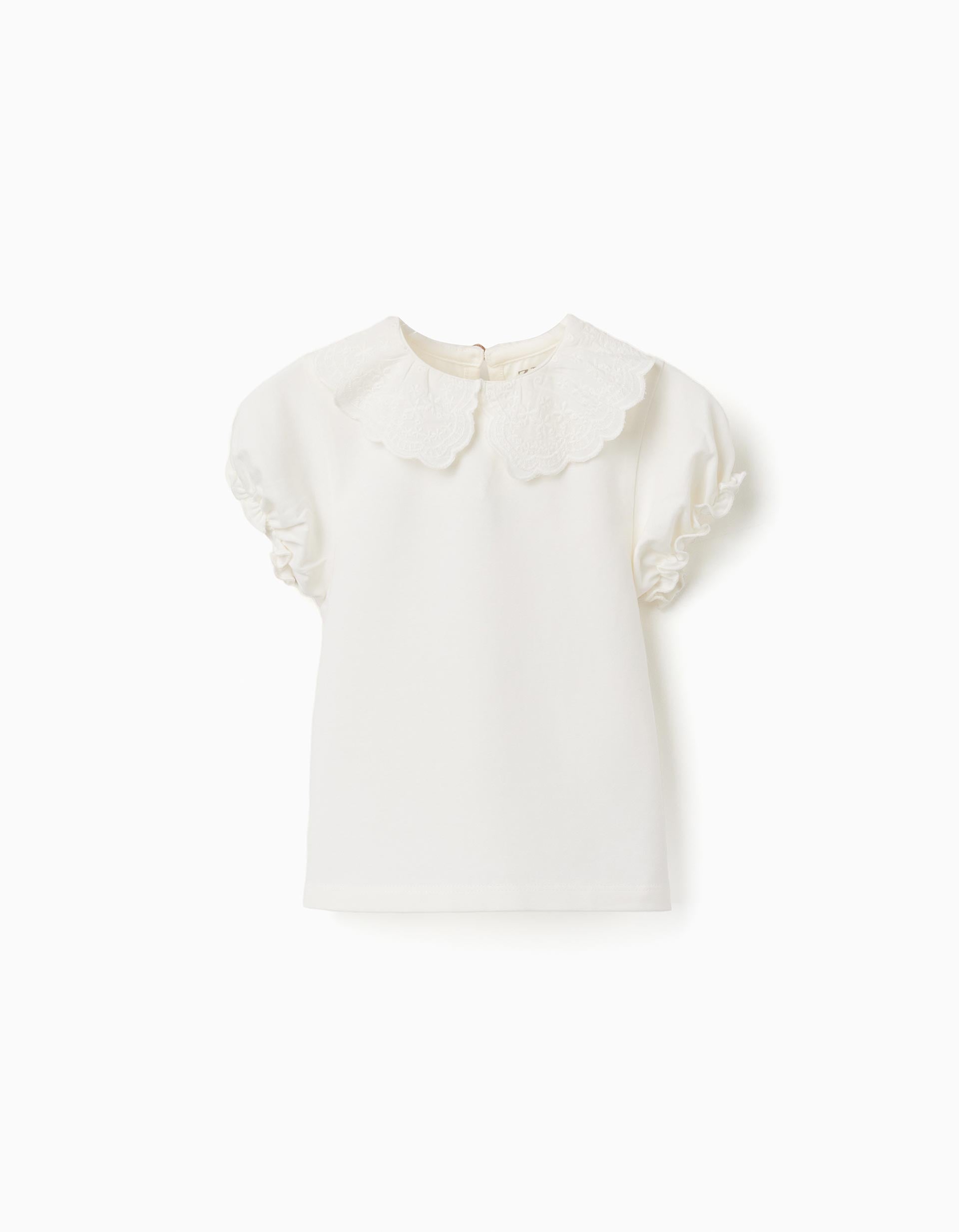 Camiseta con cuello festoneado y bordado para bebé niña, beige claro