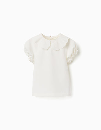 T-shirt with scalloped and embroidered collar for baby girls, light beige
