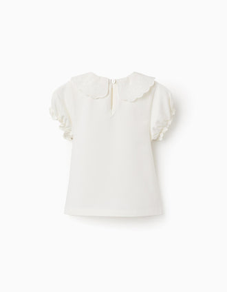 T-shirt with scalloped and embroidered collar for baby girls, light beige