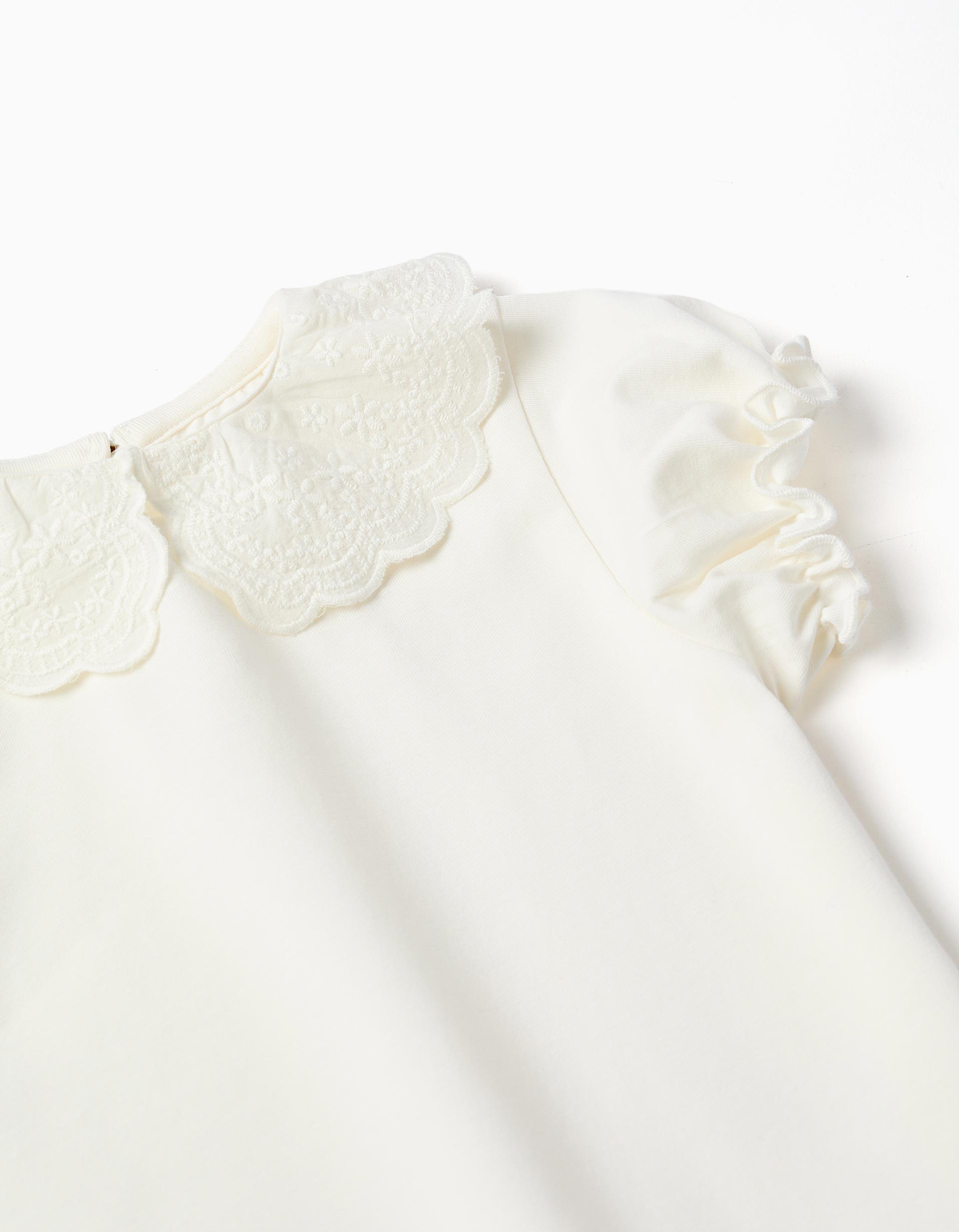 Camiseta con cuello festoneado y bordado para bebé niña, beige claro