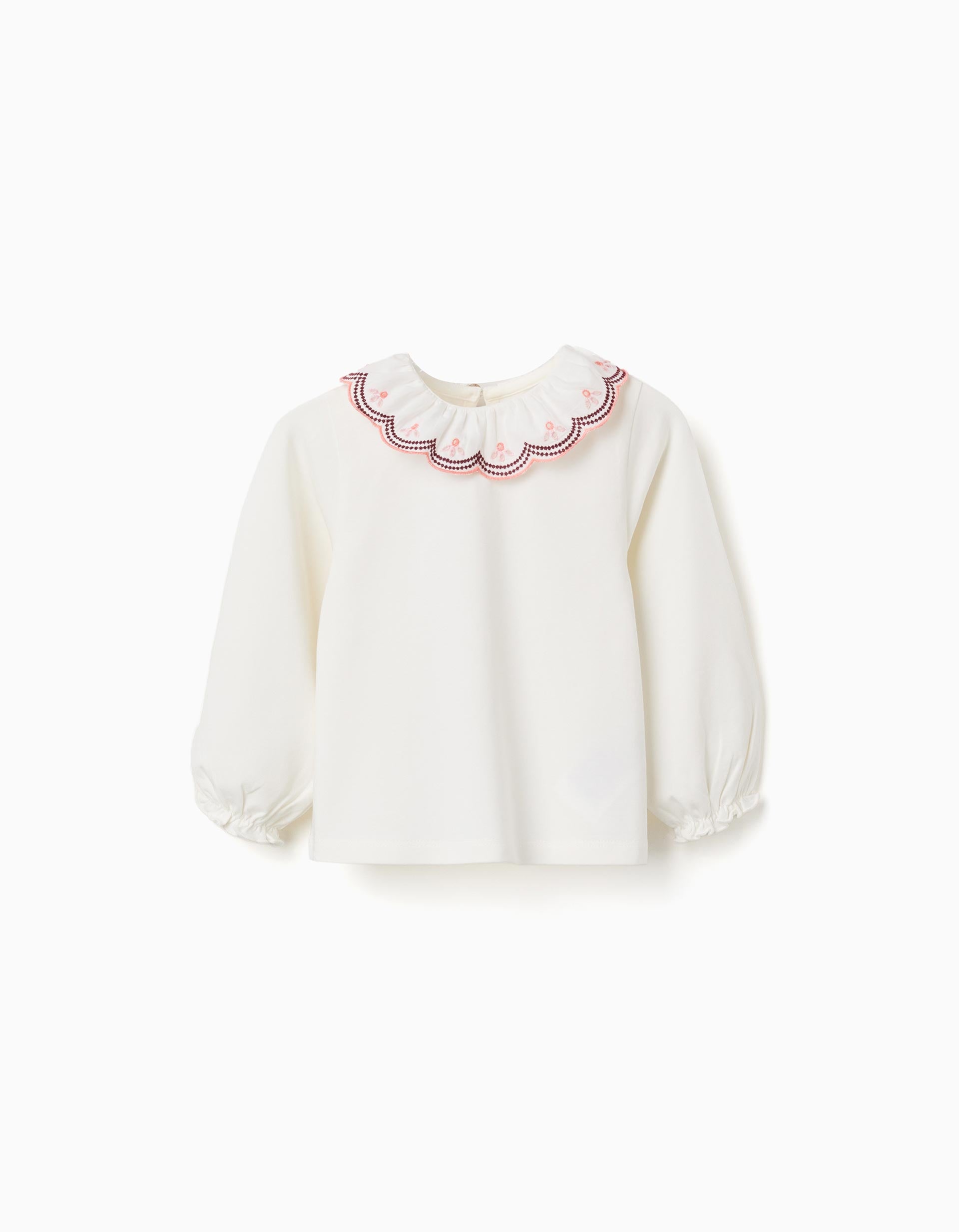 Camiseta de manga larga con cuello bordado para bebé niña, blanco