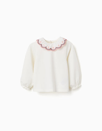 Camiseta de manga larga con cuello bordado para bebé niña, blanco