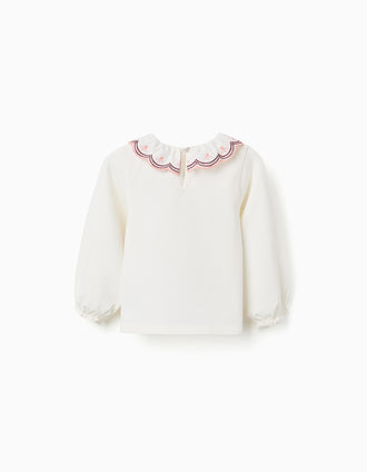 Camiseta de manga larga con cuello bordado para bebé niña, blanco
