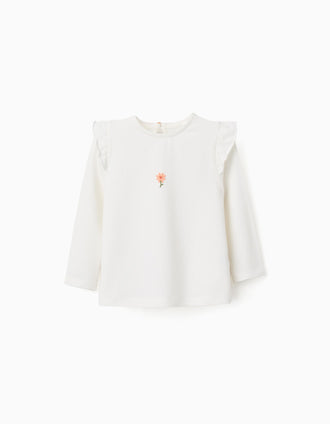 Camiseta de manga larga de algodón con flor para bebé niña, blanco