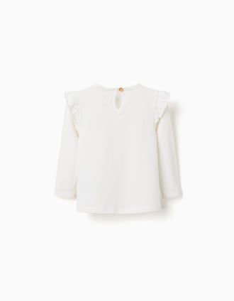 Camiseta de manga larga de algodón con flor para bebé niña, blanco
