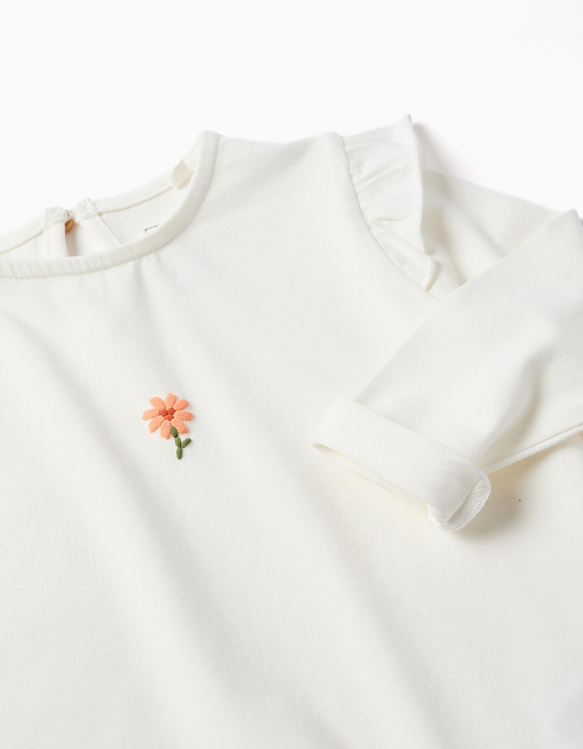Long sleeve cotton T-shirt with embossed flower for baby girls, white