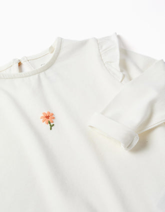 Camiseta de manga larga de algodón con flor para bebé niña, blanco