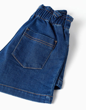 Calções de ganga com cintura paperbag e bolsos para menina, azul