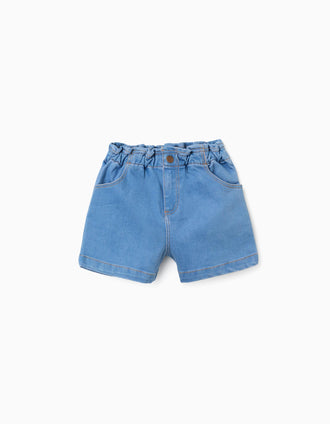 Calções de ganga com cintura paperbag e bolsos para menina, azul-claro