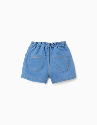 Calções de ganga com cintura paperbag e bolsos para menina, azul-claro