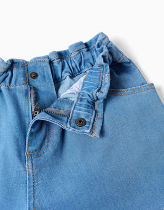 Calções de ganga com cintura paperbag e bolsos para menina, azul-claro