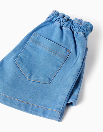 Calções de ganga com cintura paperbag e bolsos para menina, azul-claro