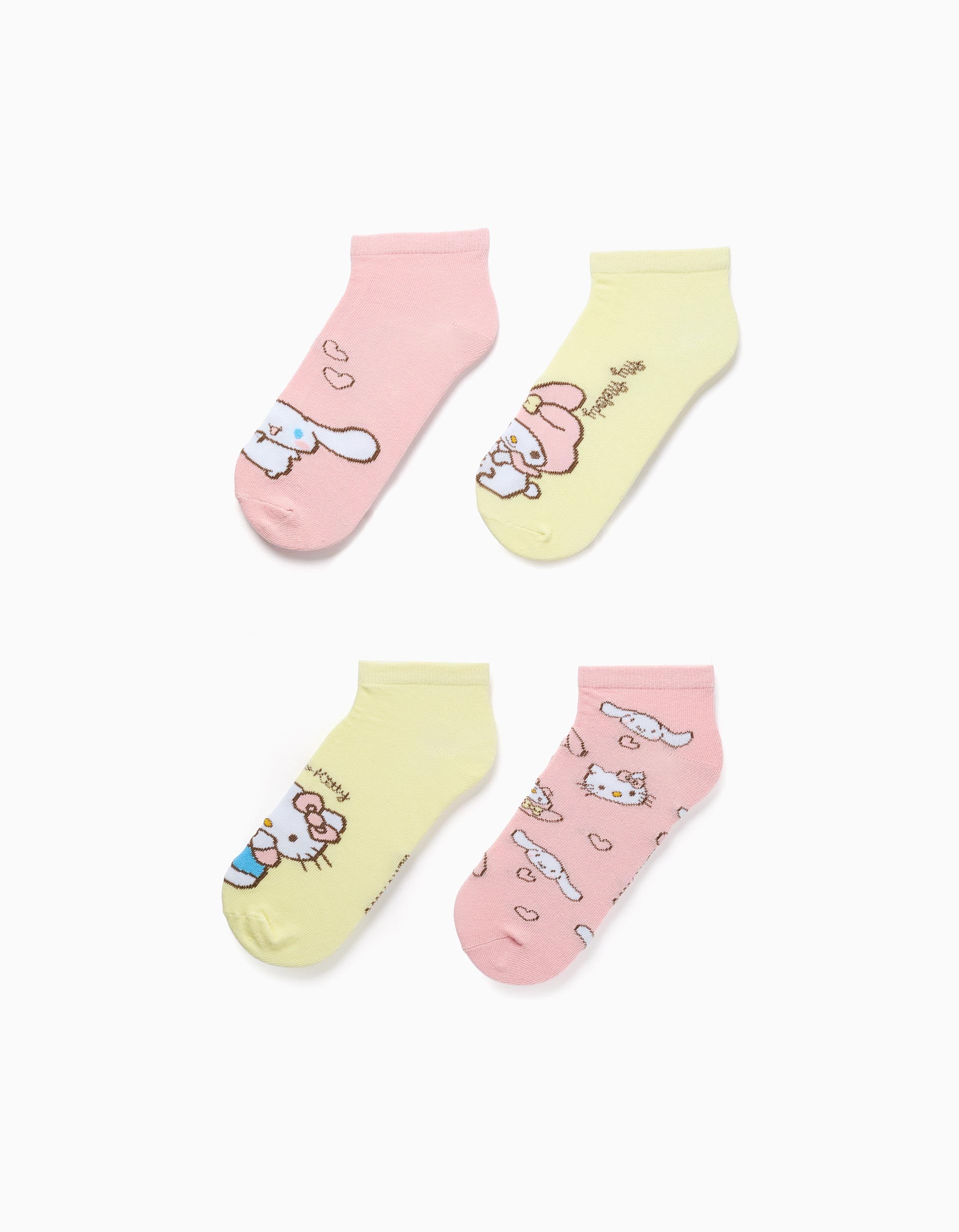 Pack of 4 pairs of ankle socks with Hello Kitty for girls, pink/yellow