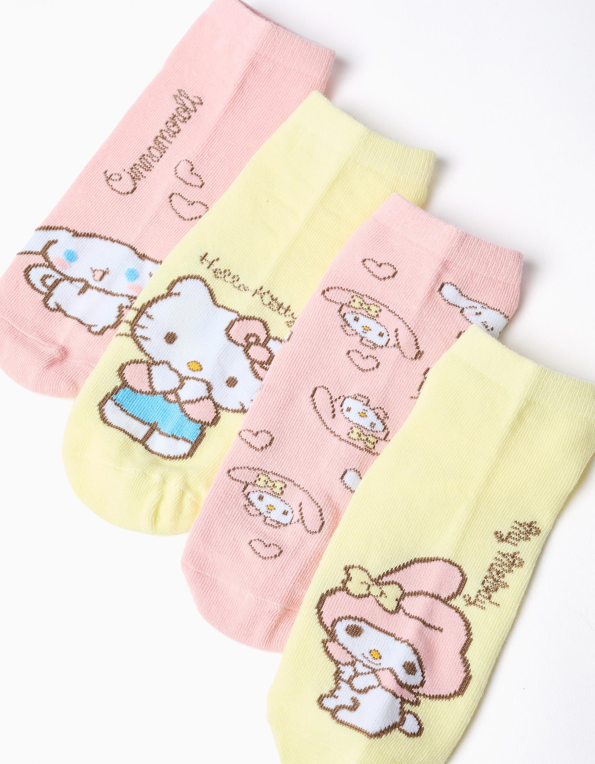 Pack of 4 pairs of ankle socks with Hello Kitty for girls, pink/yellow