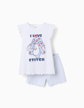 Pyjama court en coton avec imprimé Stitch pour fille, blanc/bleu