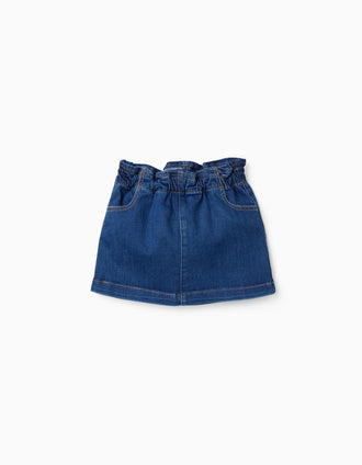 Denim skirt with paperbag waist and pockets for baby girls, blue