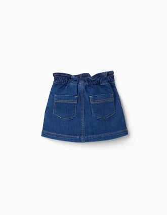 Denim skirt with paperbag waist and pockets for baby girls, blue