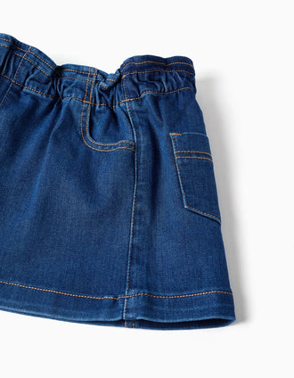 Denim skirt with paperbag waist and pockets for baby girls, blue