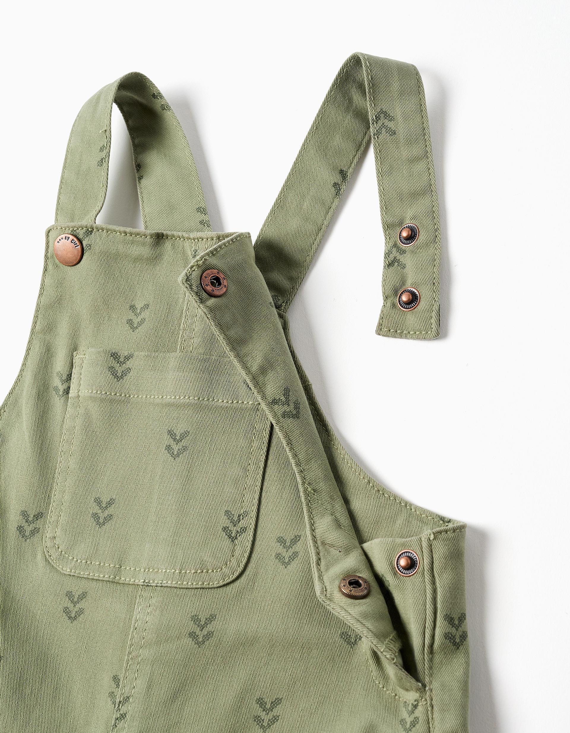 Twill dungarees with floral motif for baby girls, dark green