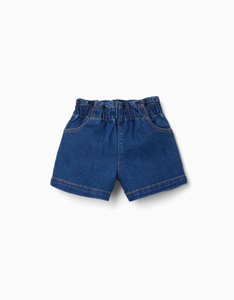 Denim shorts with paperbag waist and pockets for baby girls, blue