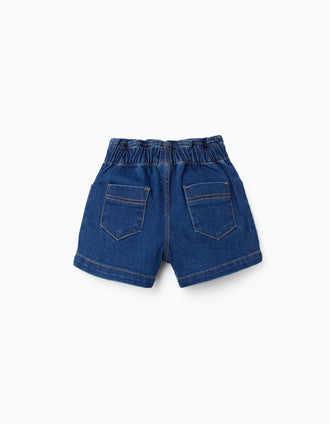 Denim shorts with paperbag waist and pockets for baby girls, blue