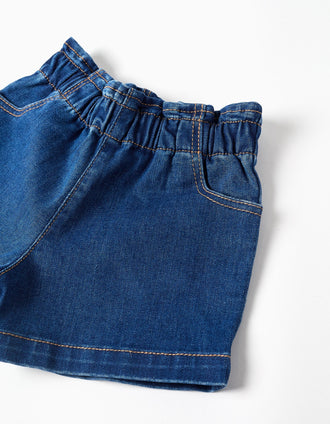 Denim shorts with paperbag waist and pockets for baby girls, blue