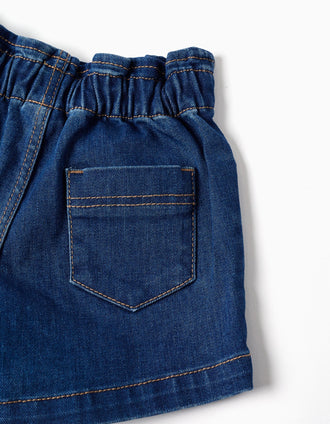 Denim shorts with paperbag waist and pockets for baby girls, blue