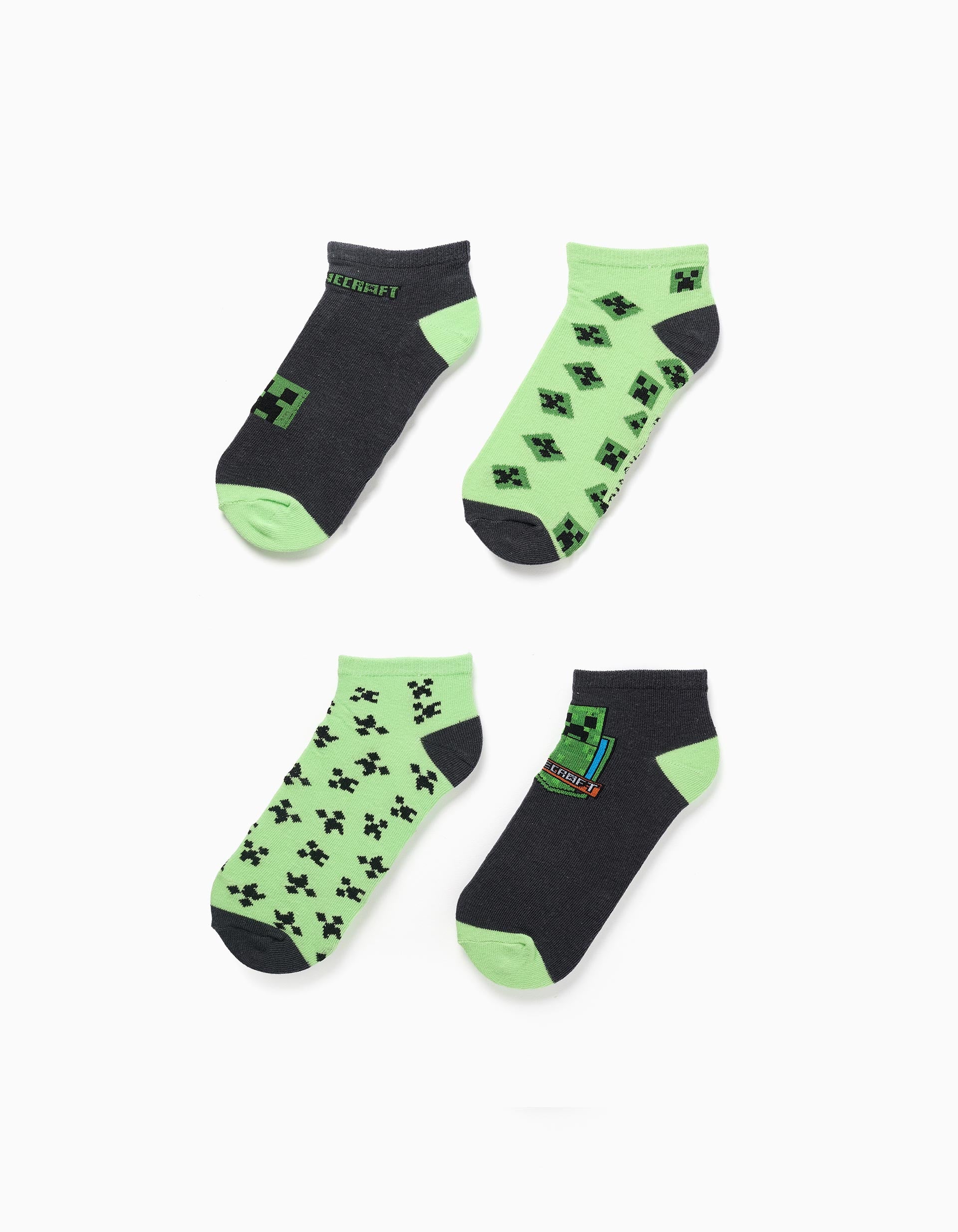 Pack of 4 pairs of ankle socks Minecraft for boys, grey/green