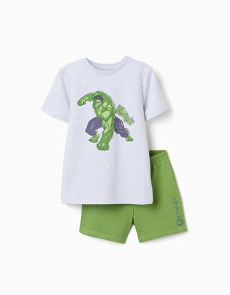Pyjama court en coton avec imprimés Hulk pour garçon, gris/vert