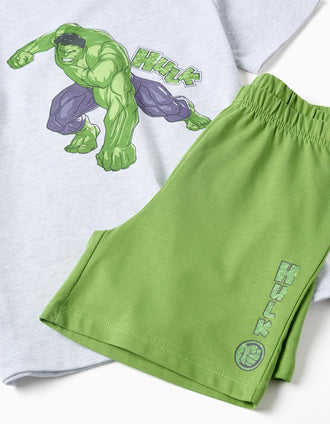 Pyjama court en coton avec imprimés Hulk pour garçon, gris/vert