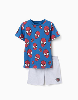 Pyjama court en coton avec motif Spider-Man pour garçon, bleu/gris