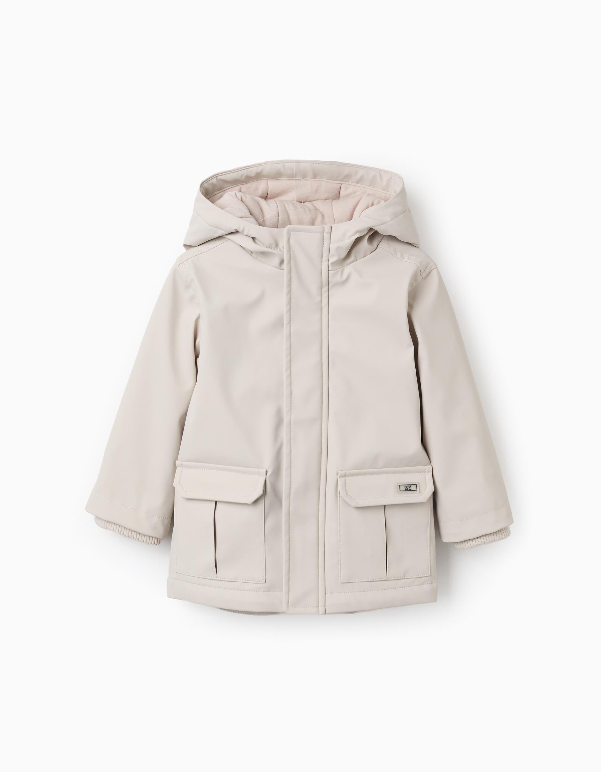Padded rubber parka with hood for baby boys, light beige