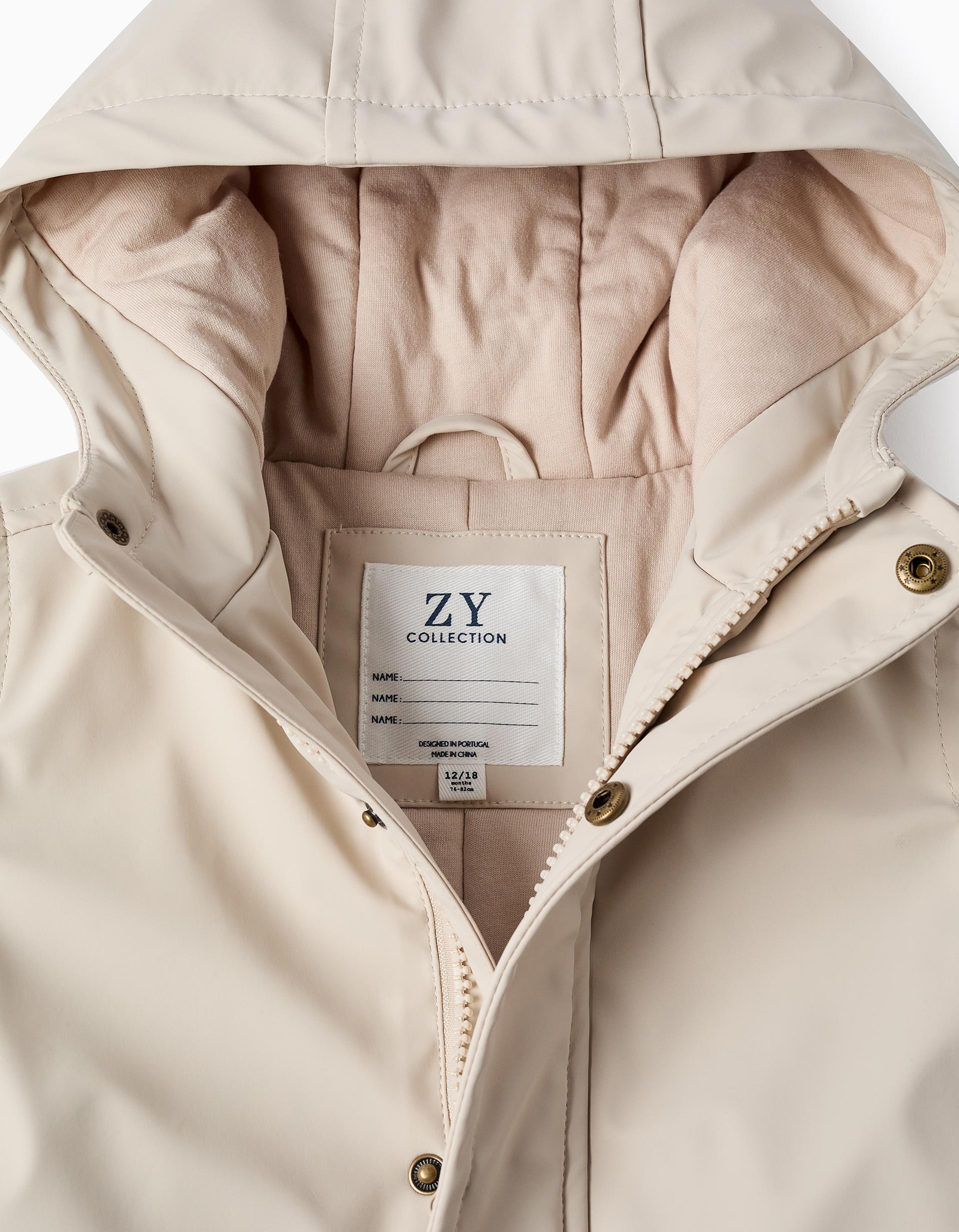 Padded rubber parka with hood for baby boys, light beige